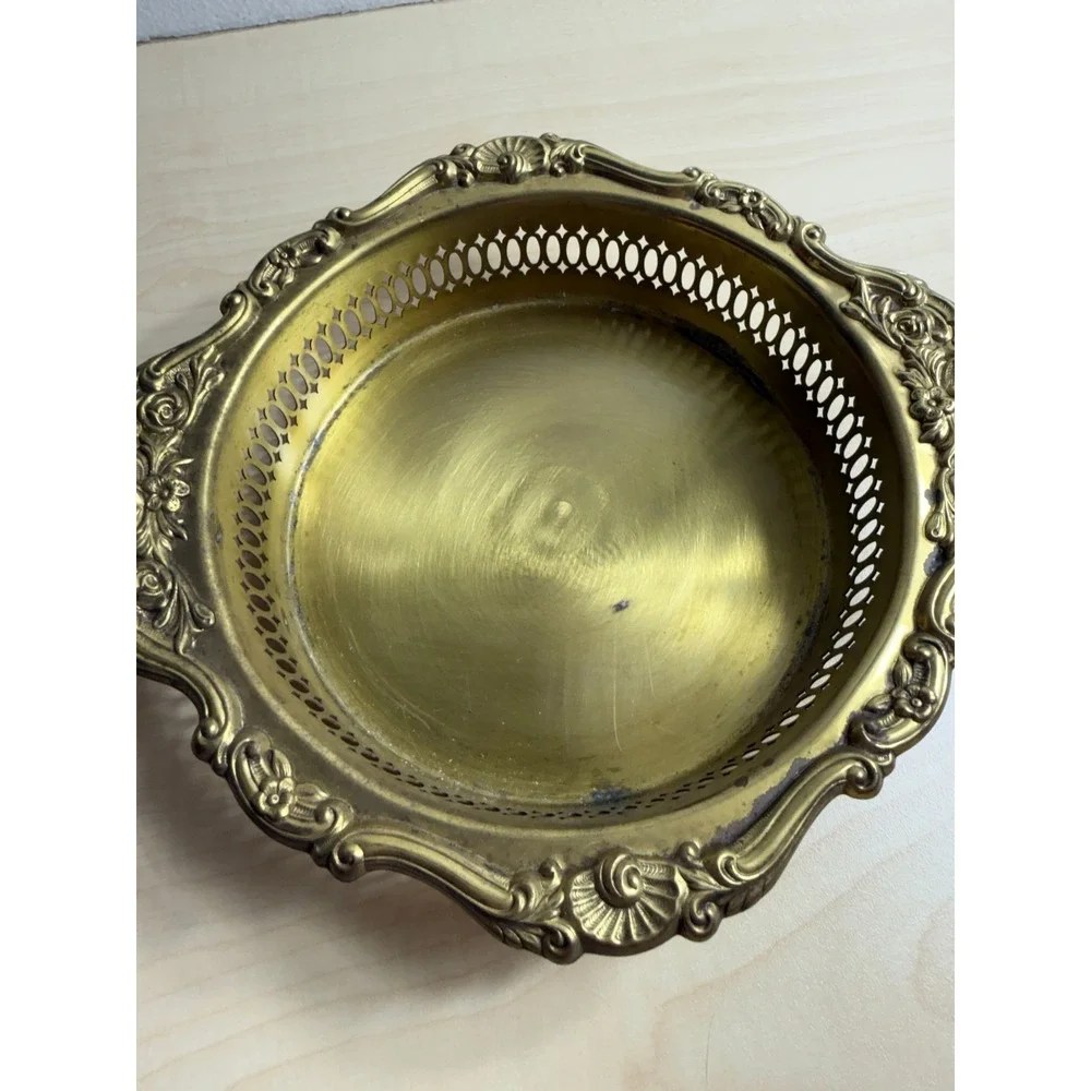 Vintage Brass Gallery Tray Ornate Floral‎ Rim Starburst Cut Glass Insert